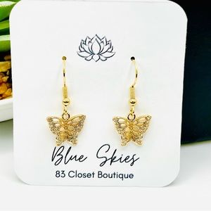 Gold Plated Brass Cubic Zirconia Butterfly Drop Earrings